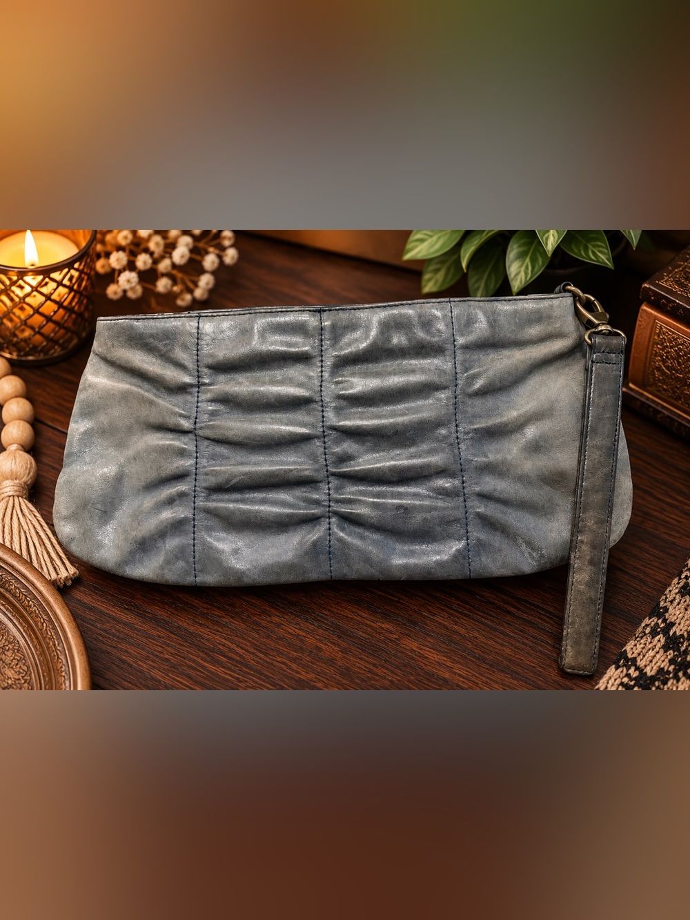 HOBO International Gray Leather Ruched Wristlet Clutch Paisley Lining